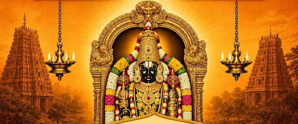 Devotional artwork of Lord Venkateswara, with a golden arch and traditional lamps